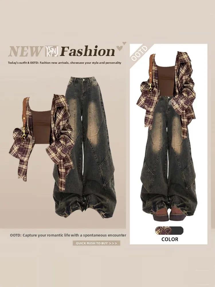 

American Retro Apocalyptic Brown Plaid Shirt Top Spring Summer Vest Heavy Duty Denim Jeans Three Piece Set Women's Fashion