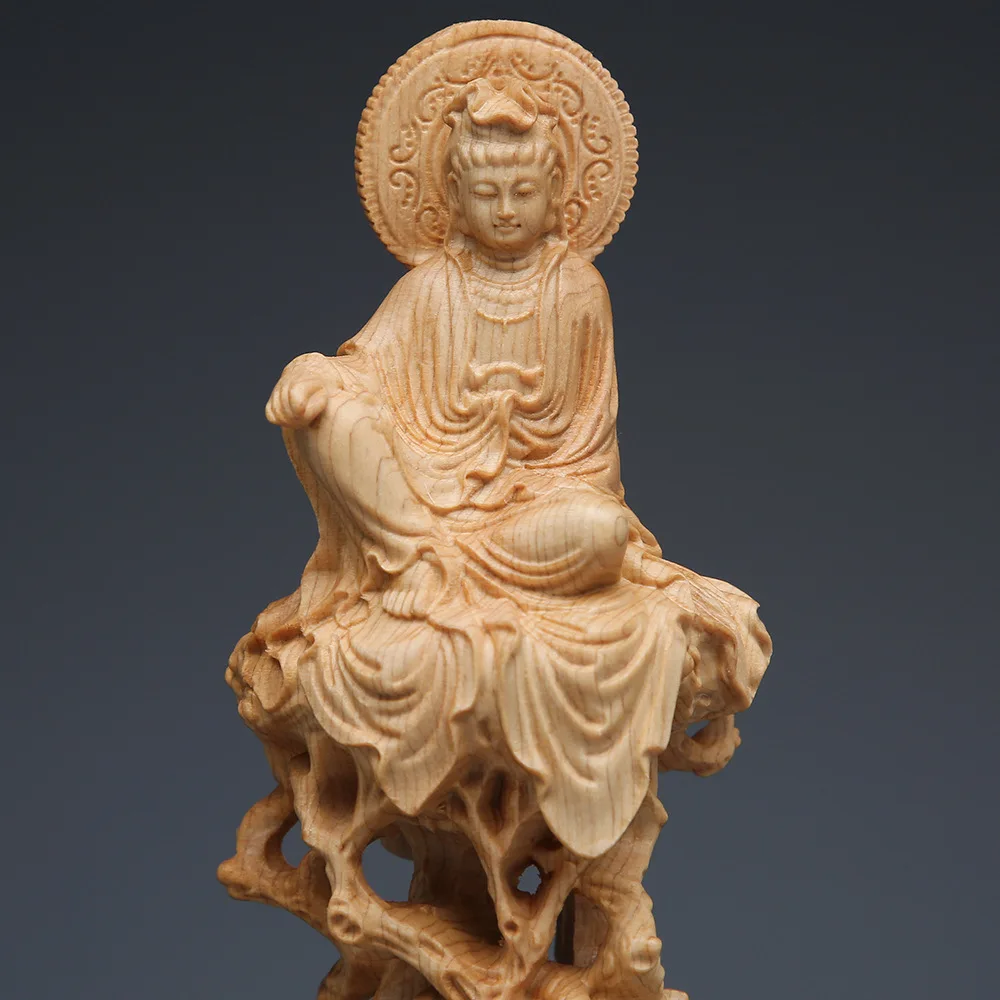 Cliff Cypress Sitting Tree Vine Guanyin Bodhisattva Buddha Statue Ornament Home Living Room Solid Wood Carving Crafts