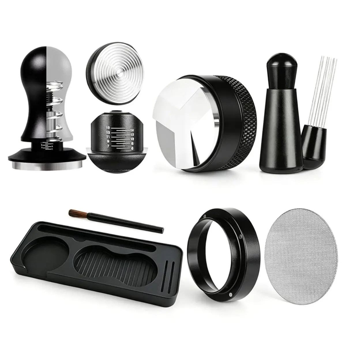 7PCS Espresso Accessory Set with Spring Loaded Tamper Ripple Base & Silicone Station Tool Fit for 51mm