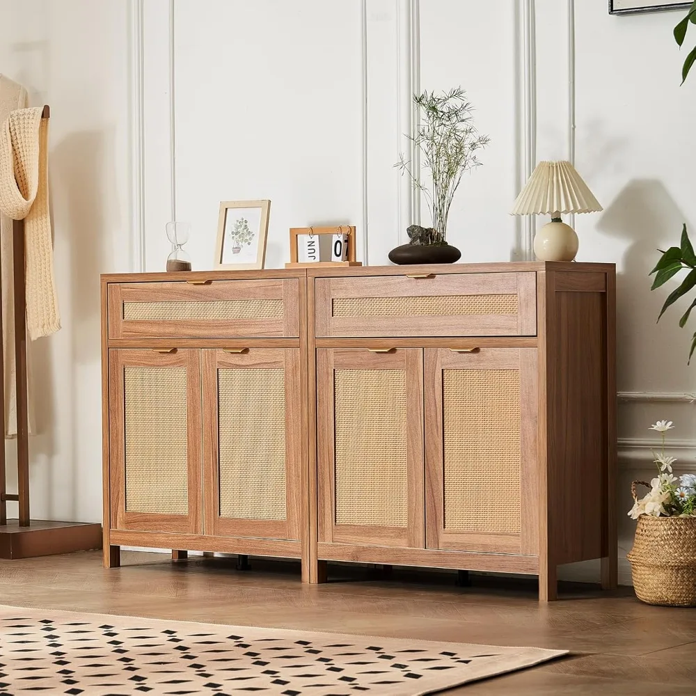 

Rattan Cabinet, Set of 2, Rattan Storage Cabinet with 4 Magnetic Doors and 2 Drawers, Sideboard Buffet Cabinet with Adjustable