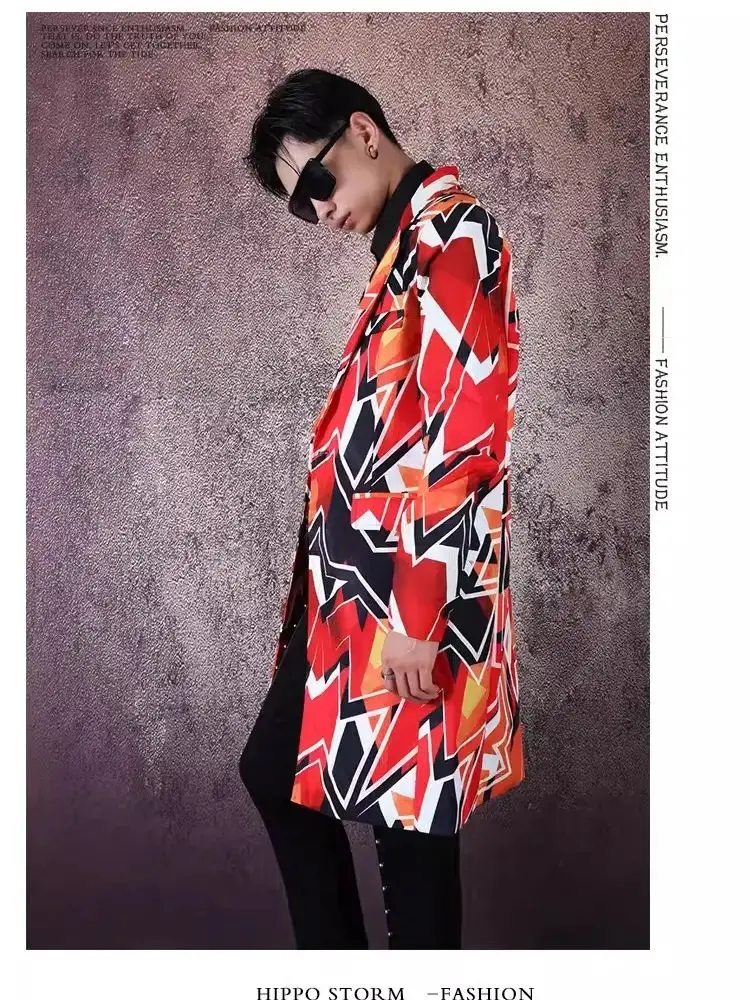 هندسية اللون طباعة الرجال عارضة بدلة طويلة سترة ملهى ليلي بار المغني العصرية مصفف شعر معطف الهيب هوب الرقص مرحلة الملابس #3