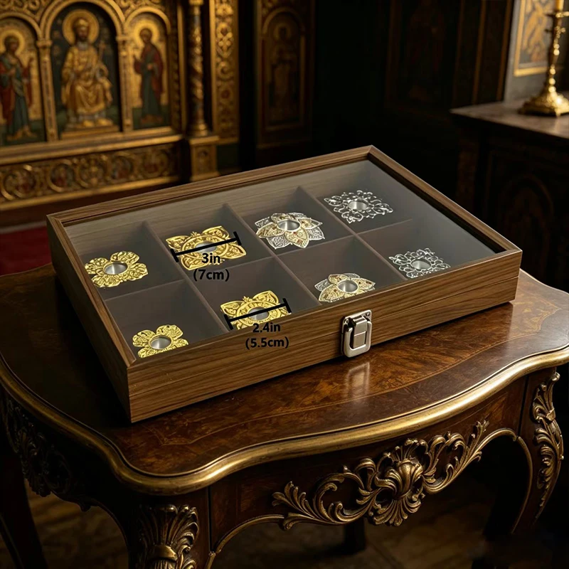 Orthodox Religious Gift Set Gold Silver Metal Vigil Lamp Holders with Luxury Wooden Box Byzantine Altar Church Christian Decor