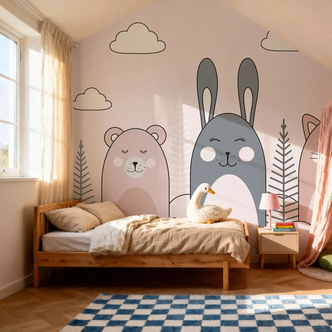 Custom Sleeping Bunny Pink Kids Room Wallpaper Large Peel and Stick Mural Wall Decor