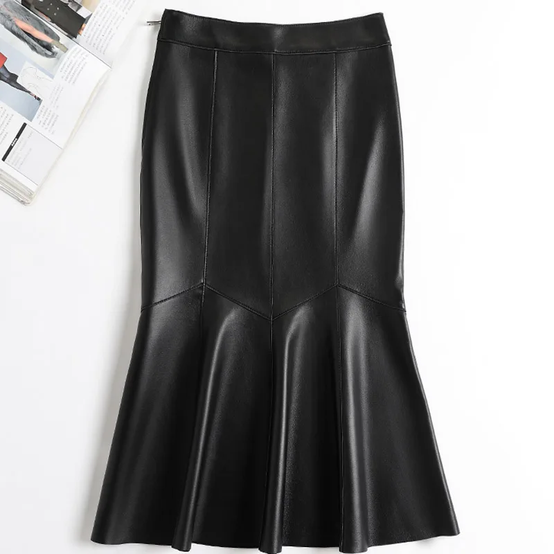 Premium Lambskin Fishtail Skirt Women Elegant High Waist Genuine Leather Wrap Skirt 72cm Long