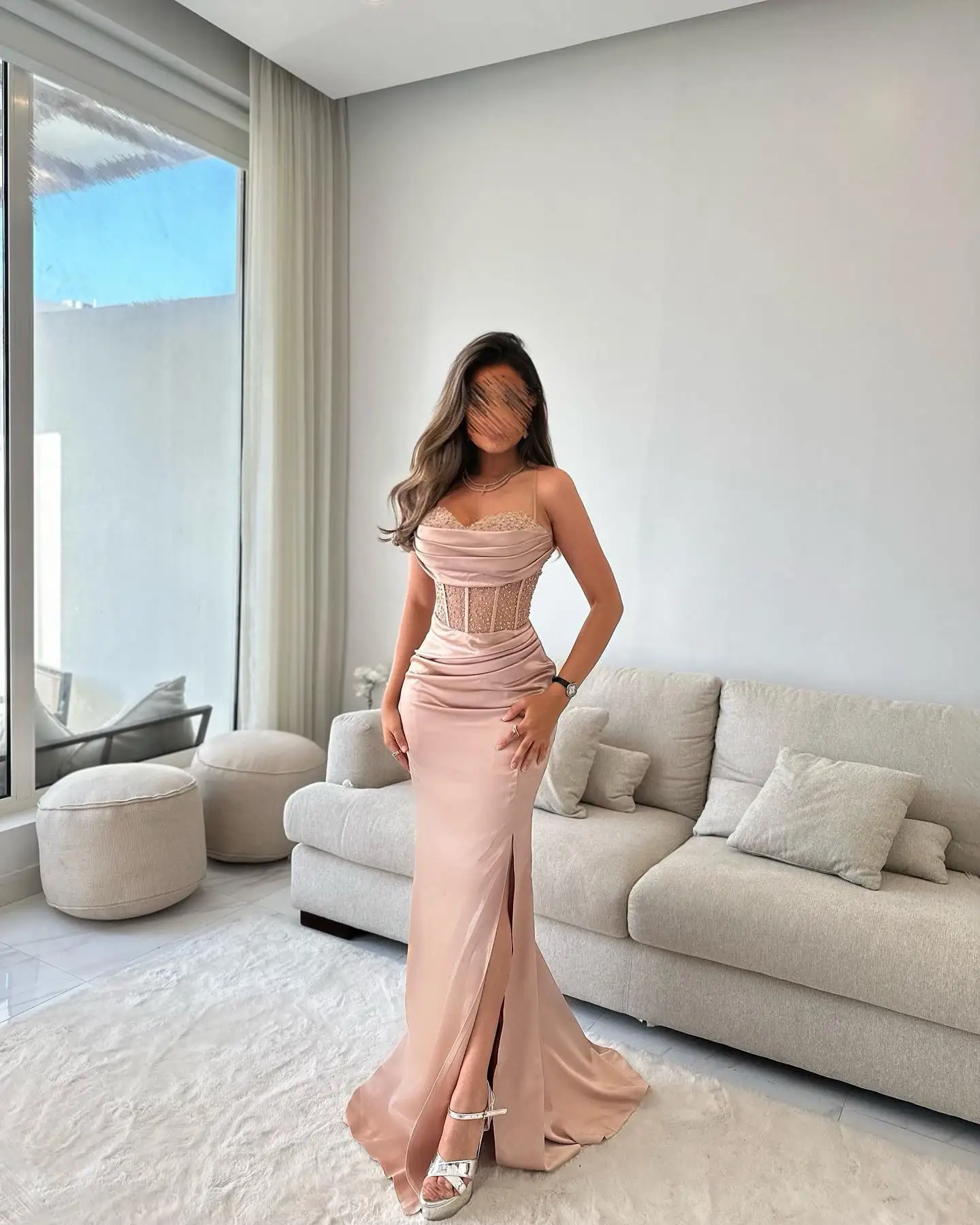 2025 Custom Made A-Line Satin Sleeveless Spaghetti Straps Celebrity Gowns Luxury Halter Sequined Side Slit Evening Dress