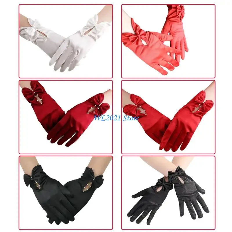 

G5GC 1920s Flapper Costume Gloves Pearls Decors Bowknot Satined Gloves For Weddings Halloween Parties And Evening Event Photo