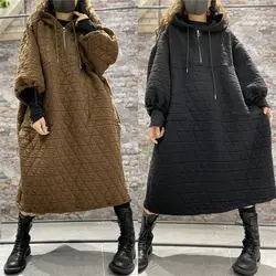 Oversized Women's Clothes Autumn And Winter Loose Lazy Cotton Padded Sweatshirt Dress Warm Rhombic Hoodie Quilted Jacket T1501