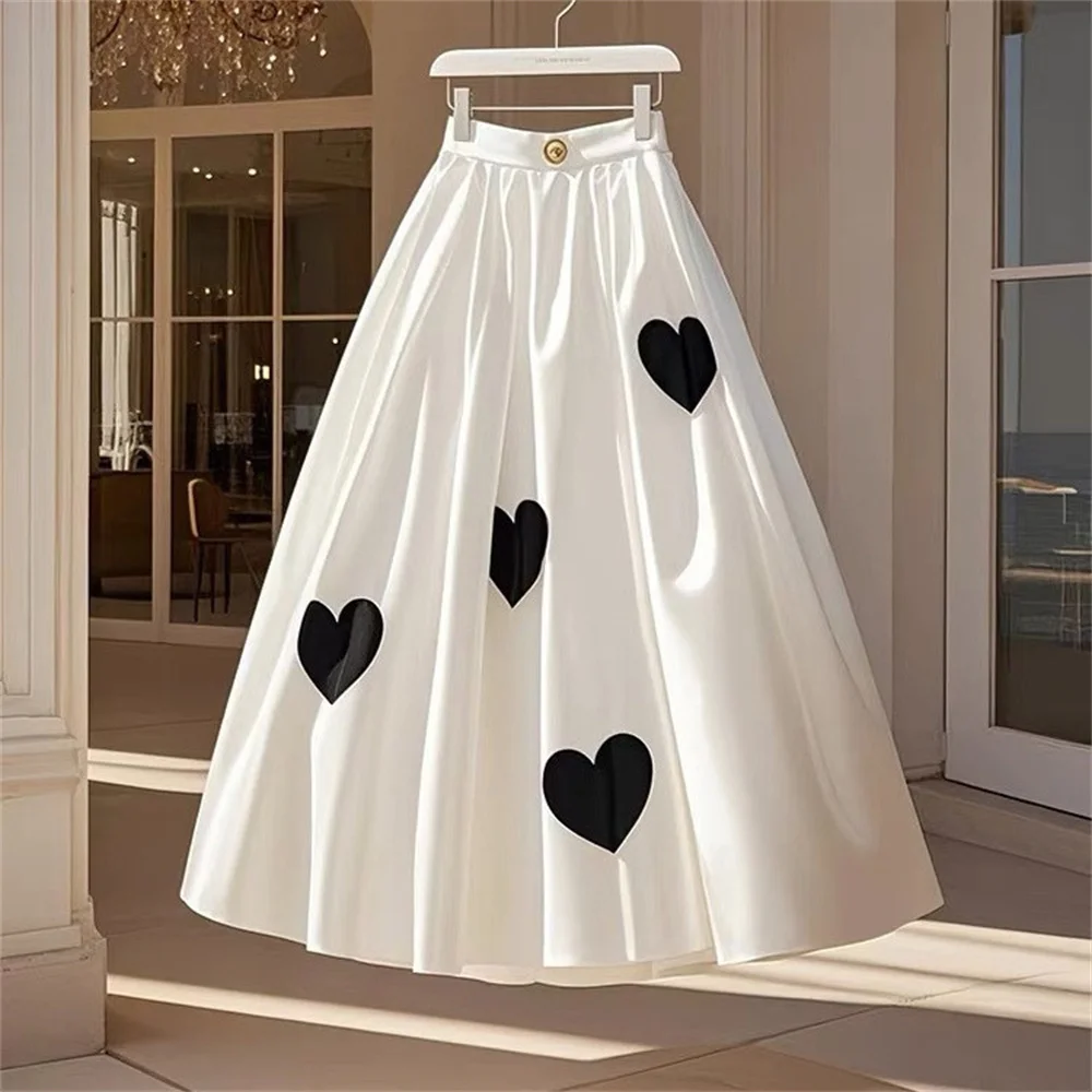 Women White A-line Maxi Skirt 2026 Summer Elegant Black Heart Print High Waist Satin Long Skirts Casual Party Ladies Streetwear
