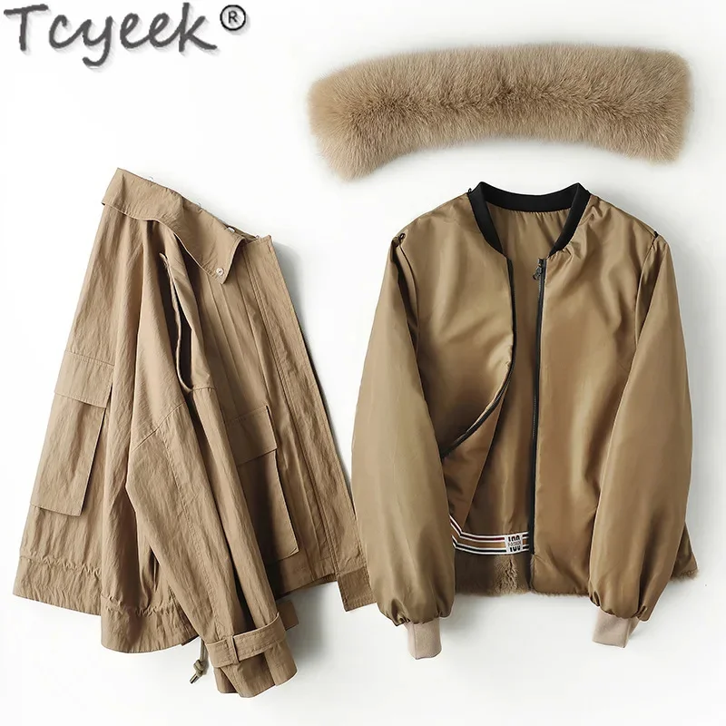 Tcyeek-Parka destacável de coelho Rex feminino, colarinho de pele de raposa quente, jaquetas elegantes, roupas de inverno, 2024