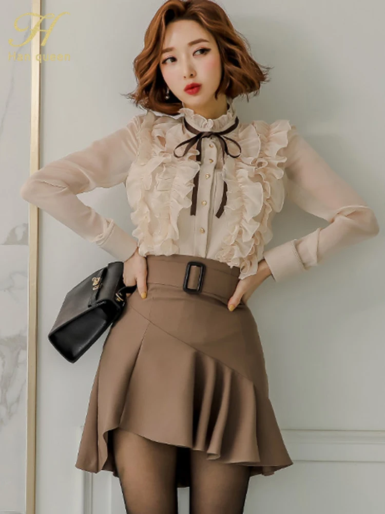 H Han Queen Hot Sales Women Spring Casual 2 Pieces Set Single-Breasted Ruffles Tops + Simple Mermaid Skirt Korean Skirt Suit