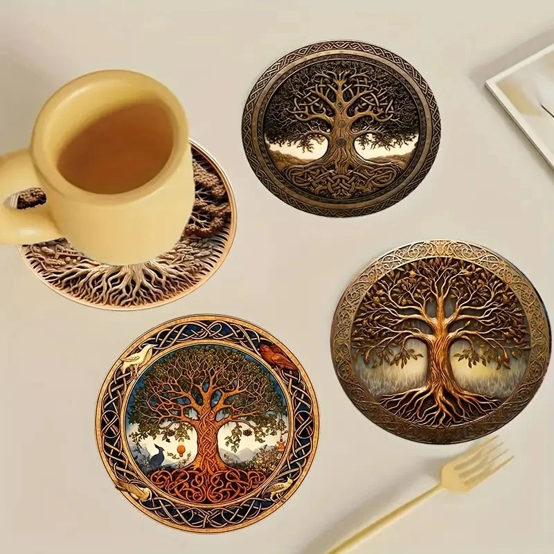 8 Pieces/Set of Tree-Patterned Wooden Anti-Slip Coasters, Suitable for Home Offices and Theme Party Decoration