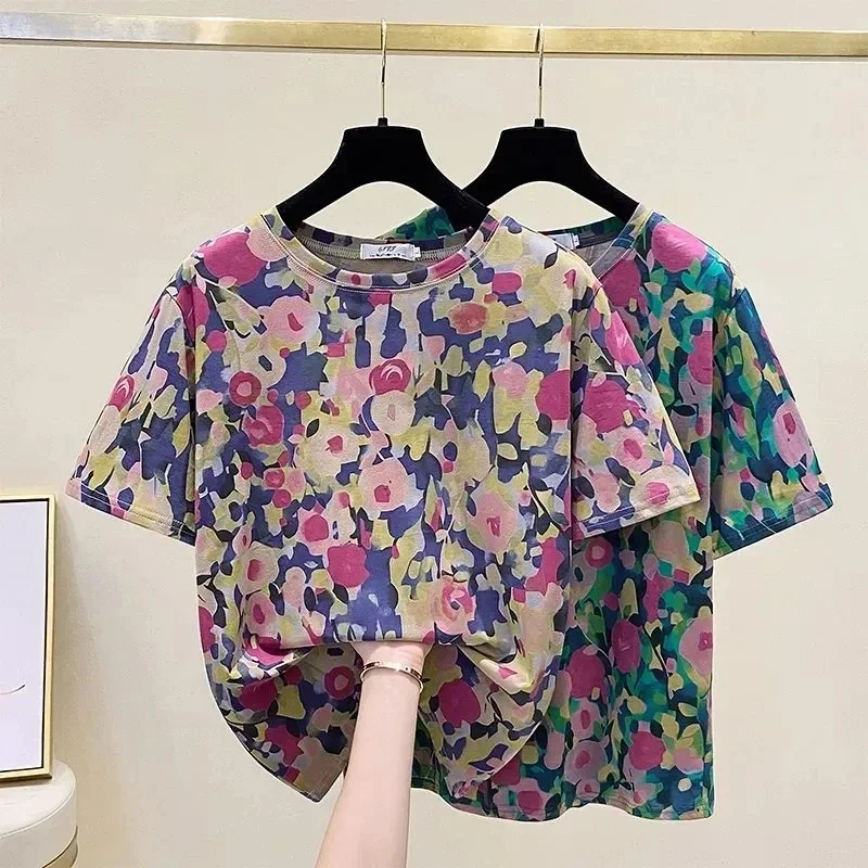 Khaki kwiatowy nadruk artystyczny vintage koszulka z krótkim rękawem z dekoltem w szpic bluzka damska koszula odzież damska topy modne bluzki lato 2025