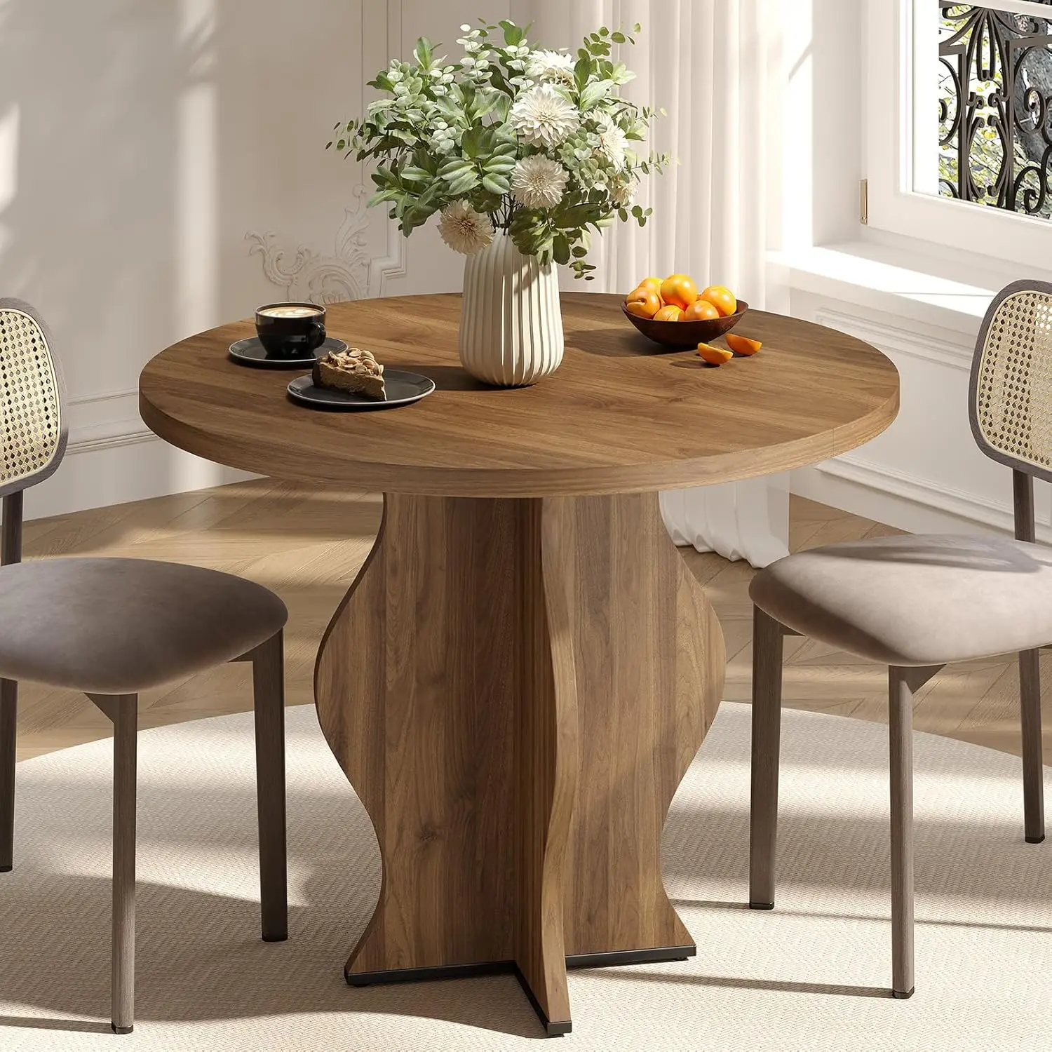 

31.5 Inch Small Round Dining Table for 2, Modern Farmhouse Wood Kitchen Table, Rustic Walnut Circle Dining Room, Customized