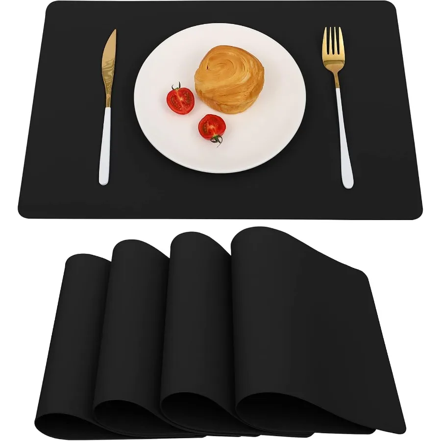 

Набор из 4 черных кожаных ковриков для столовых приборов, водонепроницаемых, протираемых, термостойких, прочных прямоугольных ковриков для кухонного обеденного стола для I