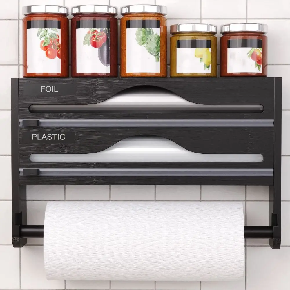 Kitchen Organizer Bamboo Cling Film Cutter Box Wall Mounted 2/3 Compartment Towel Organizer Minimalist Tin Foil Cutter Trash Bag