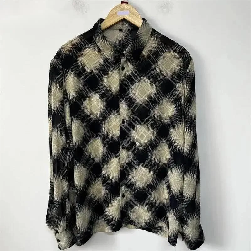Vintage Plaid Sheer Chiffon Shirt Mens Long Sleeve Lapel Loose Drape Niche Street Chic Fashion Sun Protection Tops VF67