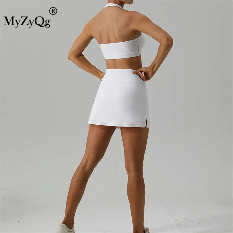 MyZyQg ผู้หญิงชุดฤดูใบไม้ผลิ Nude เทนนิส Bra กระโปรงชุดกลางแจ้ง Quick-drying Running Fitness Wear Halter Vest ชุด