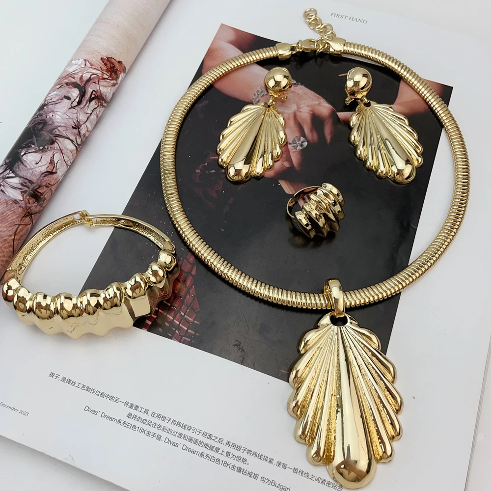 

Women Necklace Earrings Bracelet Ring Jewelry Set Luxury Design Dubai 18K Gold Plated Wedding Party Jewellwey Gift FHK14955