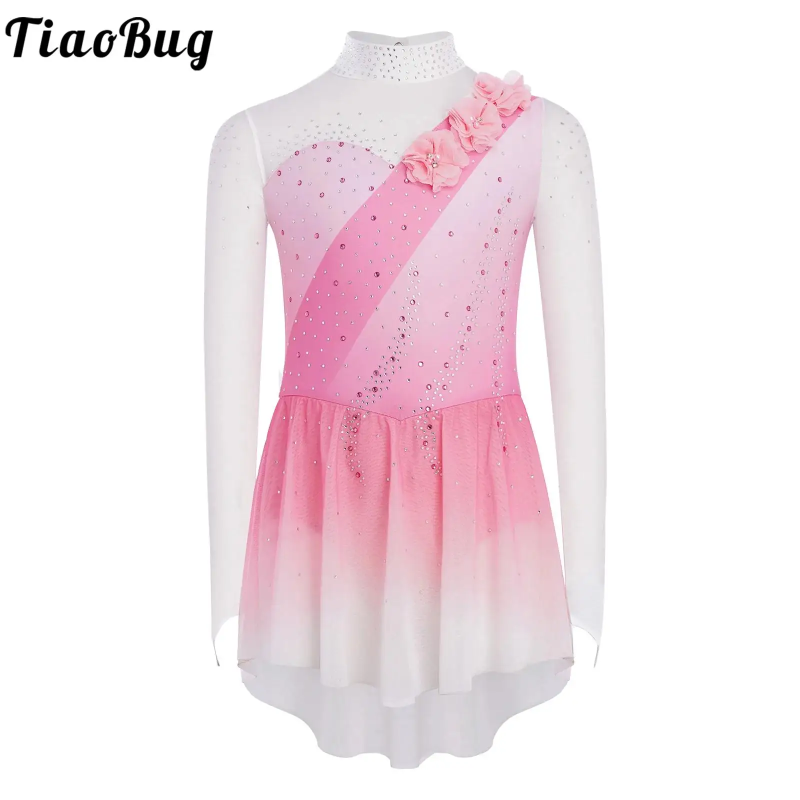 

Kids Girls Figure Skating Performance Costume Lyrical Ice Skating Dress Sheer Mesh Long Sleeves Rhinestones Leotards Dance Dress