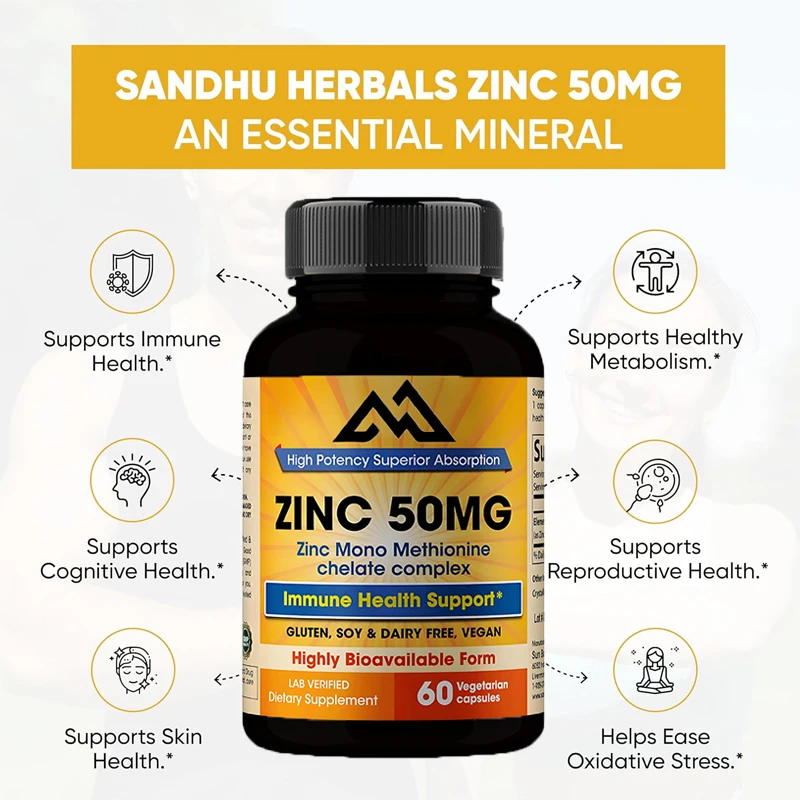 Zinc supplement 50mg, 60 capsules, vegetarian capsules highly absorbed for healthy skin, immune system, and antioxidant support