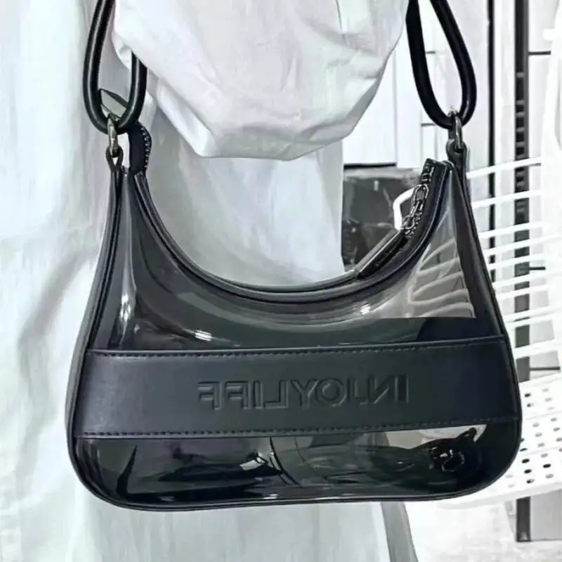 Black Transparent Glossy Panel Underarm Women Fashion Design Minimalist Letter Shoulder Ladies Personality Crossbody Bag