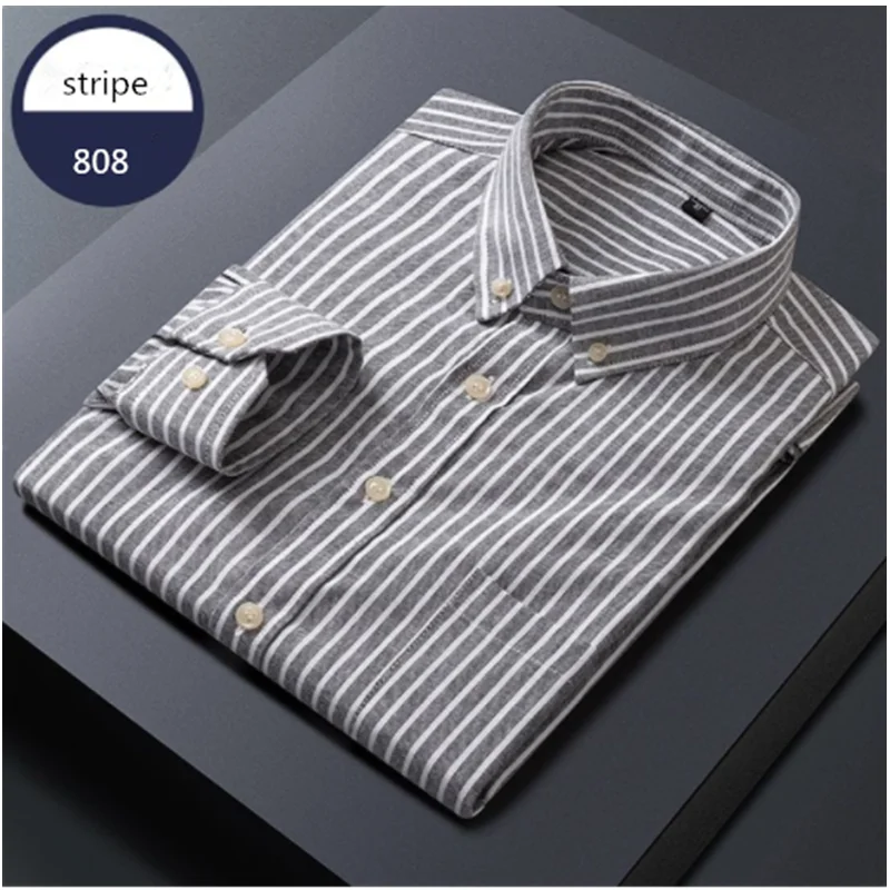 Men's Spring and Autumn Vertical Stripe Long sleeved Shirt Oxford Spinning Loose Casual Non iron Shirt Men's Clothing C0016