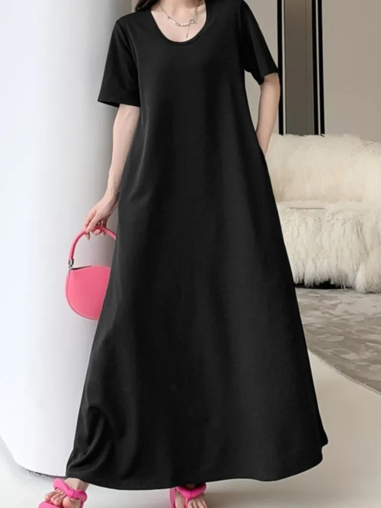 فستان صيفي كبير الحجم بأكمام قصيرة تي شيرت نسائي كوري فضفاض أسود فساتين أنيقة عتيقة فستان نسائي فيستدوس