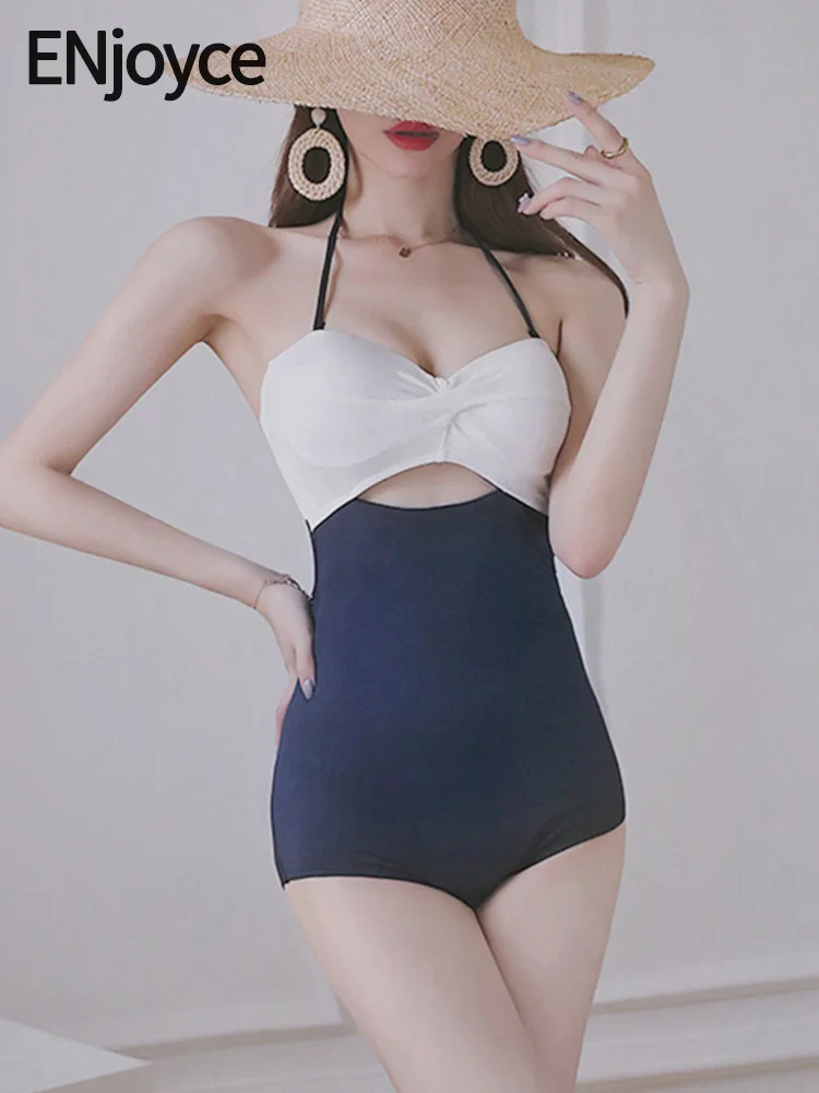 ENjoyce Swimwear 2024 Women Stitching One Piece Swimsuit Korean Fashion Bikini High Waist Swimming Bathing Suit Beachwear