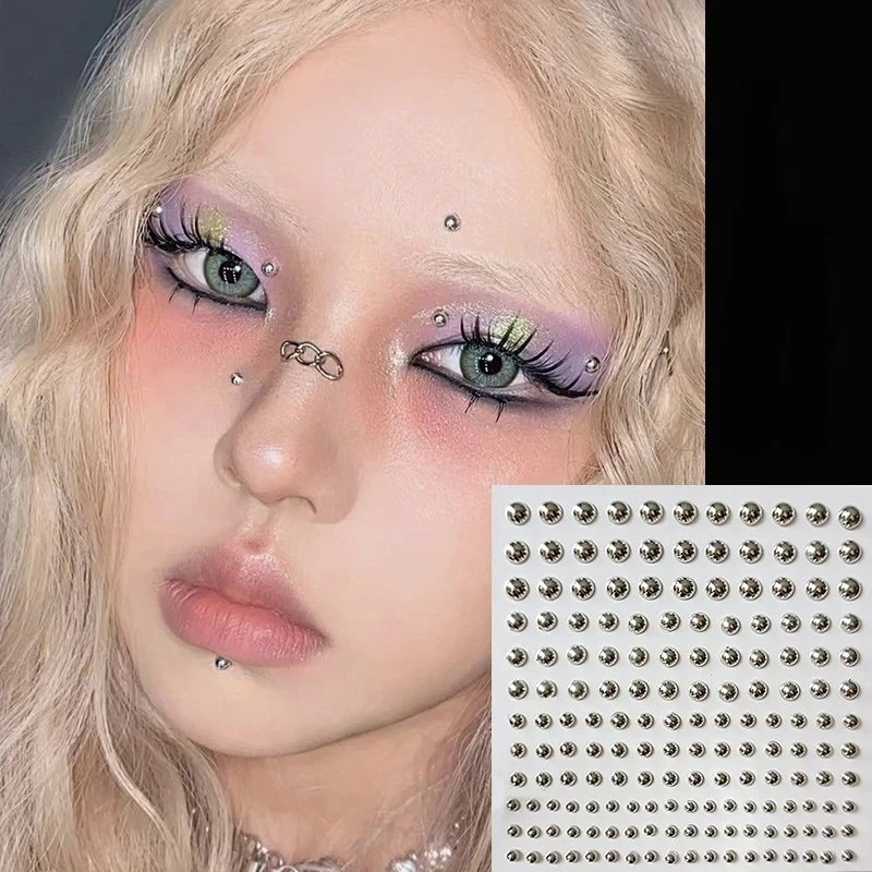Fake Eyebrow Lip Piercing Stickers Silver Beads Rhinestones Self Adhesive No Hole Facial Makeup Body Jewelry for Women Party
