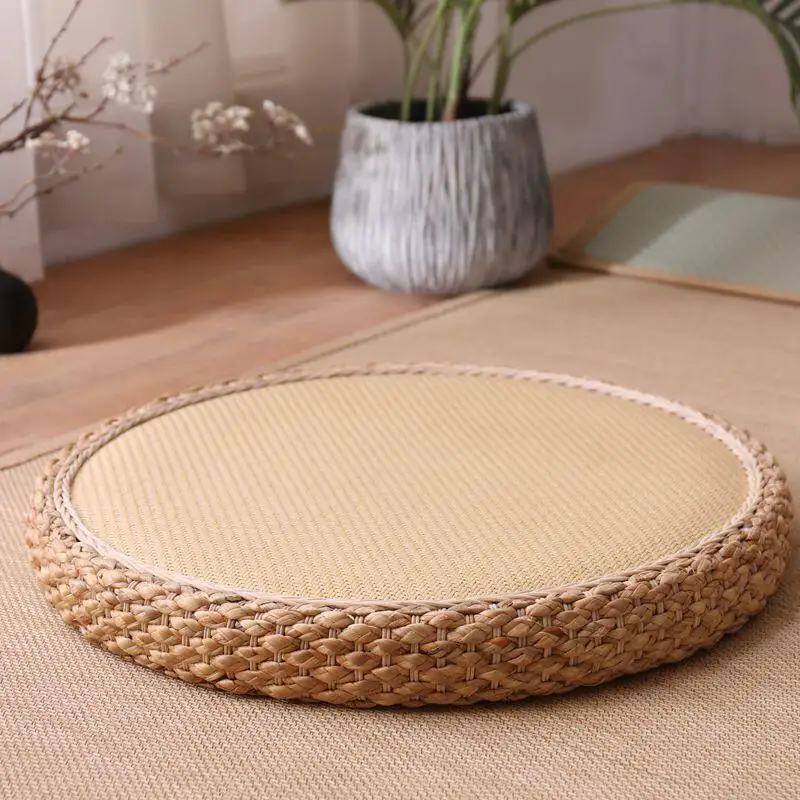 New Premium Sturdy Round Rattan & Solid Wood Floor Cushion Stool, Japanese Tatami Meditation Mat for Living Room, Bedrooms, Home