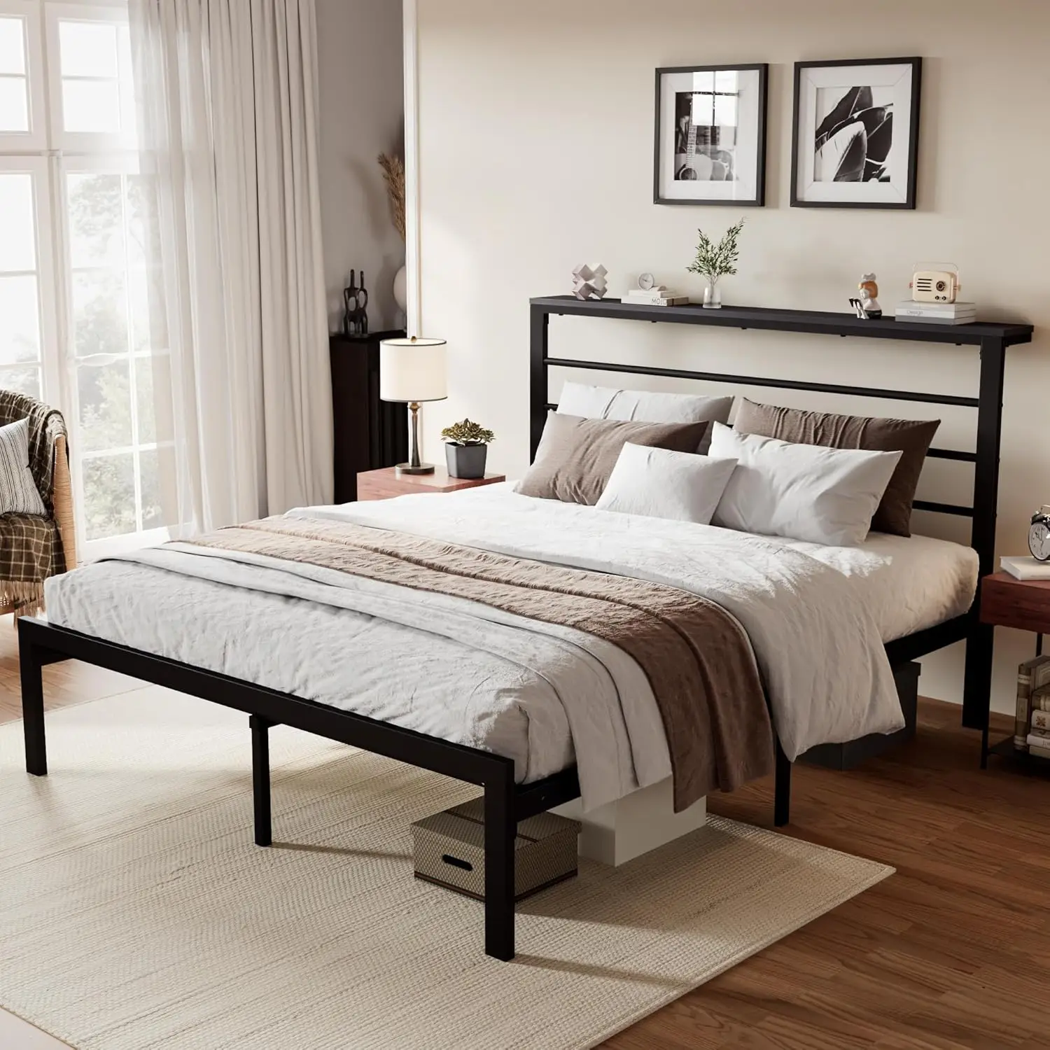 

Full Size Bed Frame with Headboard Shelf, Strong Metal Foundation, No Box Spring Needed in Black