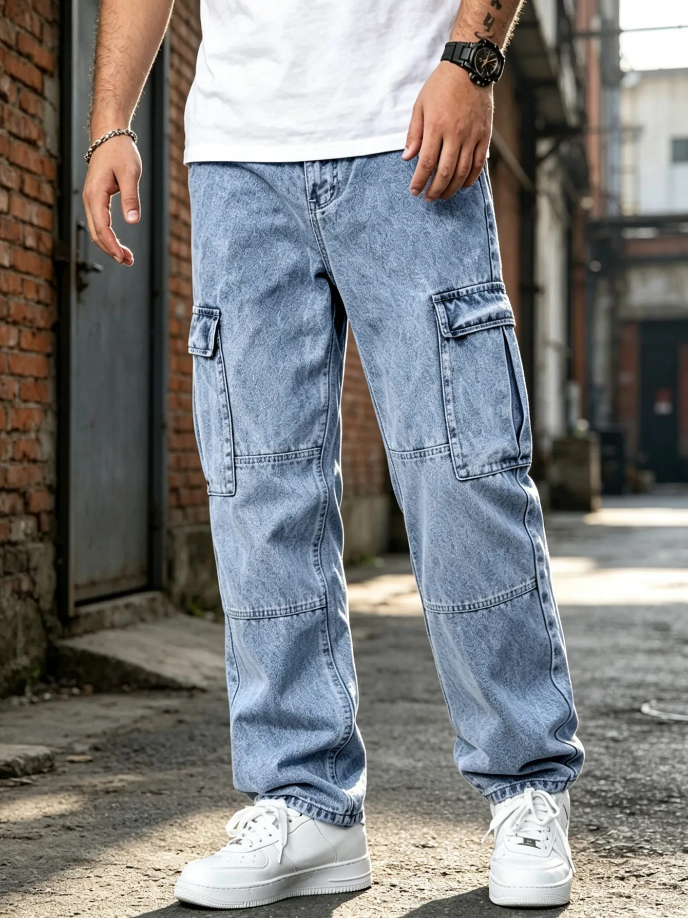 Men Vintage Light Blue Wide Leg Cargo Jeans Multi Pocket Baggy Denim Pants Y2K Streetwear Hip Hop Workwear Casual Trousers