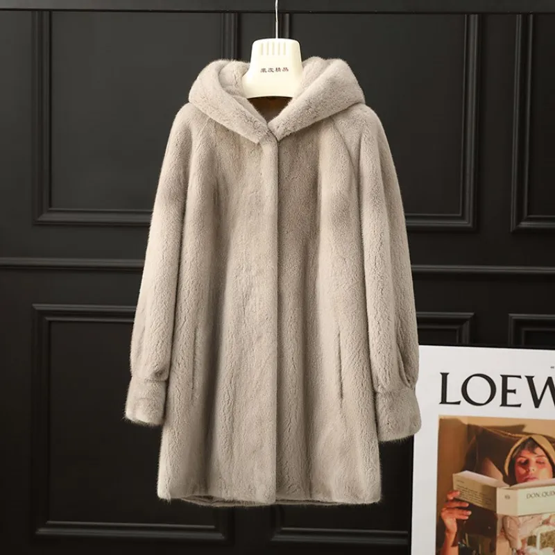 

2024 New Fashion Winter Coat Real Mink Whole Fur Women Mid-Length With Hood Cloth Winter Thick Warm Female Natural Fur Jacket