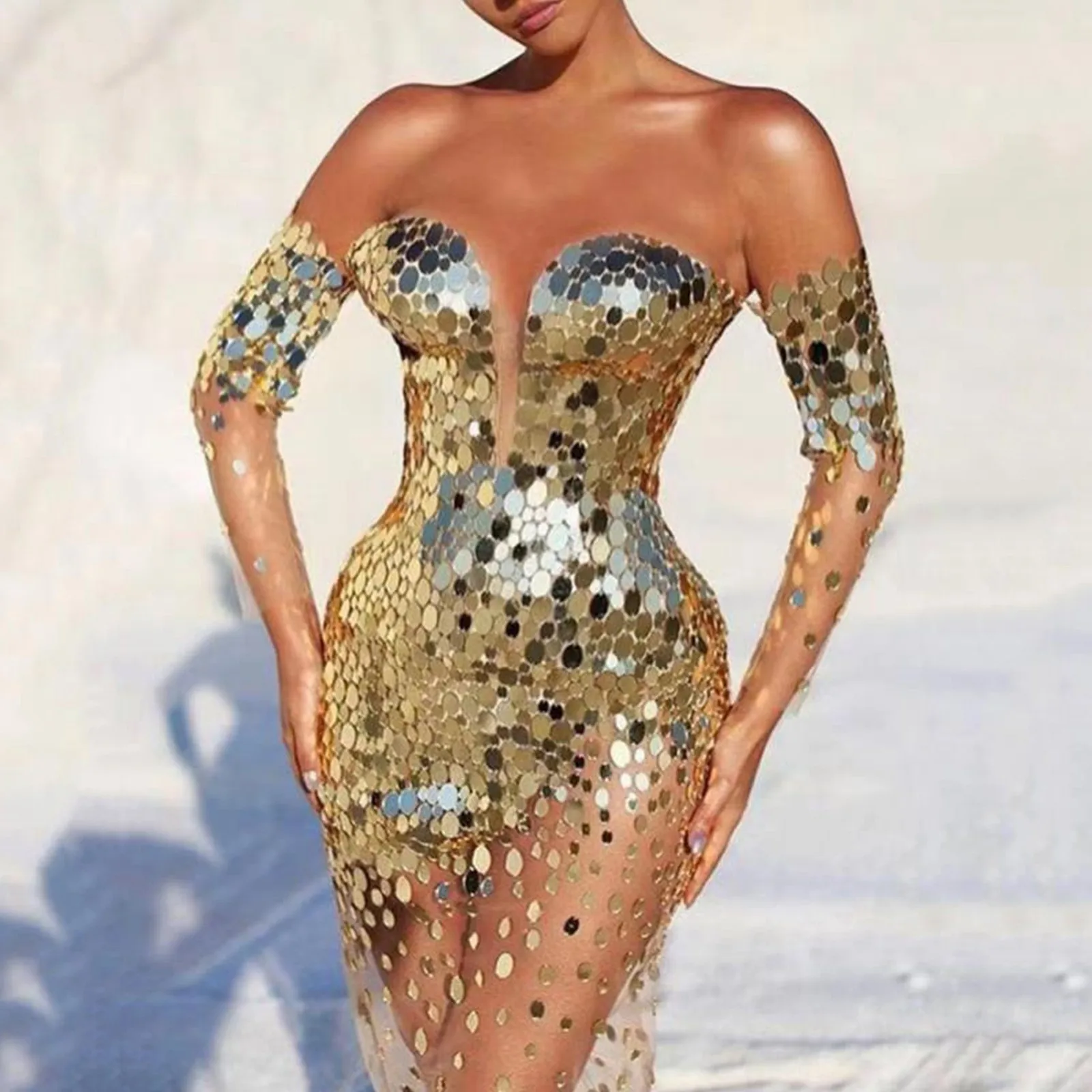 

Sequined Off Shoulder Bodycon Sexy Long Dress Women Mesh See Through Evening Gown Deep V Neck Hip Wrapped Nightclub Dress