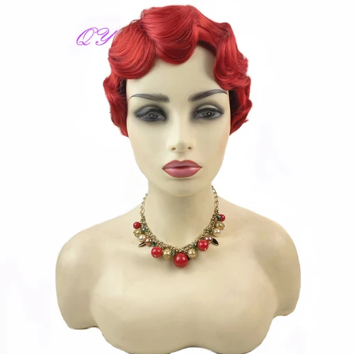 Imagen 1 del producto Pelucas cortas con ondas de dedo para mujer, cabello sintético rojo para Cosplay, fibra rizada de alta temperatura, corte Pixie femenino, 6 pulgadas