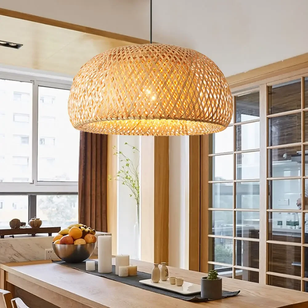 

Vintage Boho Rattan Pendant Light - Adjustable Hanging Fixture for Dining Room & Kitchen