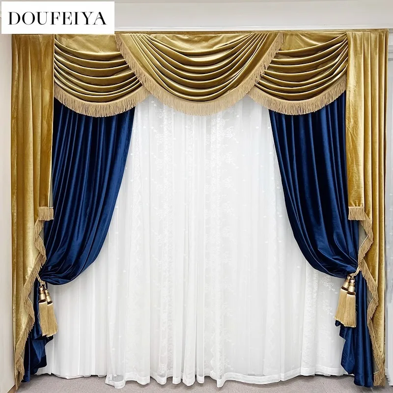 

European Luxury Velvet Blue Golden Curtains for Living Room Bedroom Dining Valance Custom Elegant Thick White Tulle Grace Decor