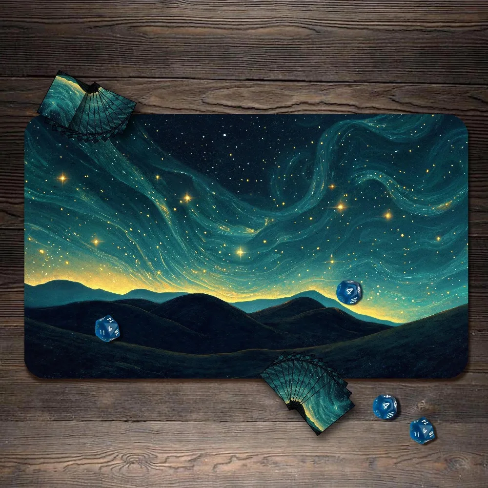 TCG Playmat Teal Gold Van Gogh Starry Sky Wavy Nebula Clouds Dark Rolling Hills Art Premium Rubber Large Desk Mat Aesthetic