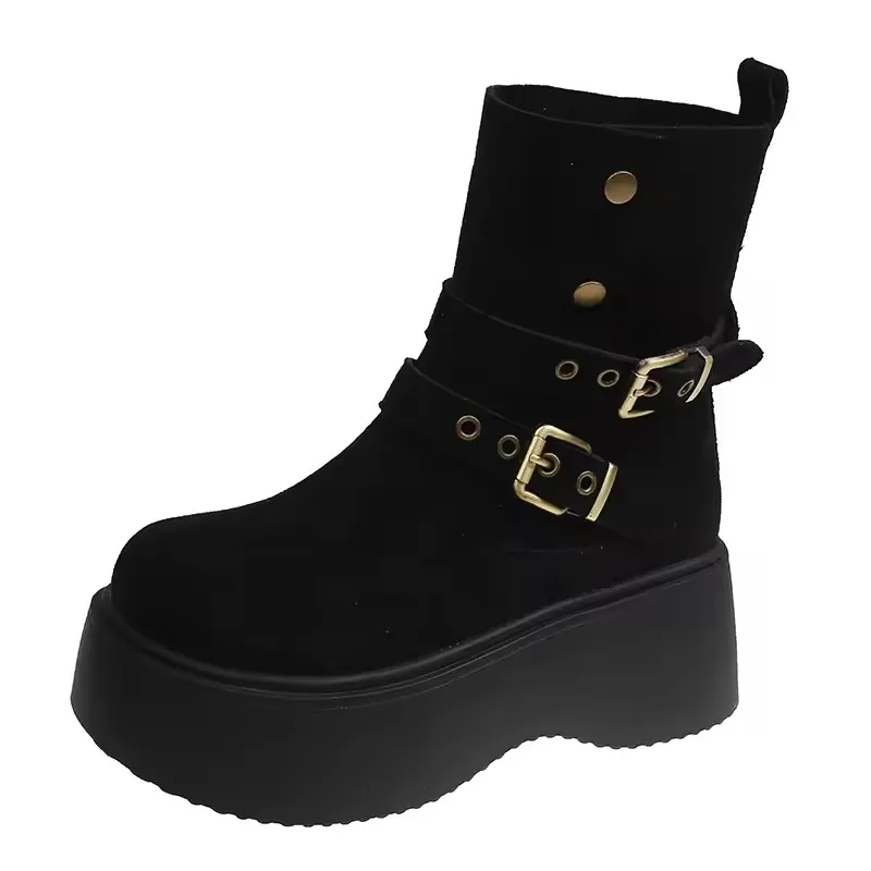 

2025 Winter Platform Thick Bottom Women Ankle Boots Height Increase Punk Women's Shoes Female Belt Buckle Slip on Short Boots
