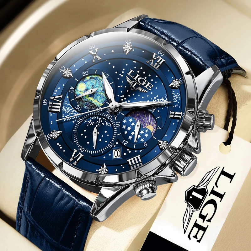 New LIGE Mens Watch Luxury Moon Phase Waterproof Date Clock Casual Blue Leather Quartz WristWatches Men Chronograph reloj hombre