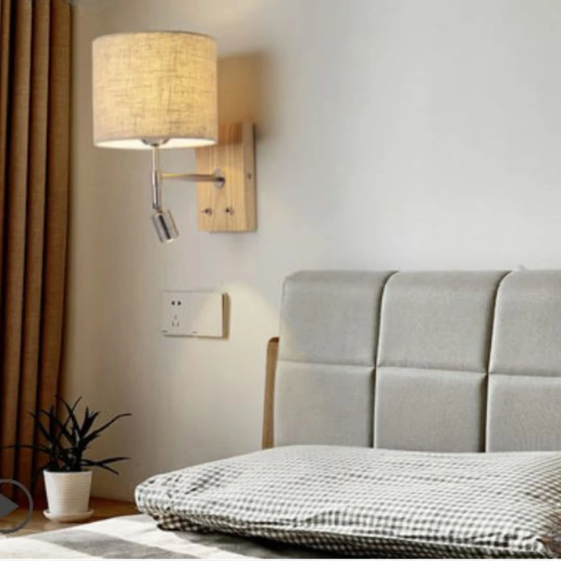 

Bedside Reading Light LED Bedroom Living Room Aisle Simple Modern Nordic with Switch Line Solid Wood Wall Lamp