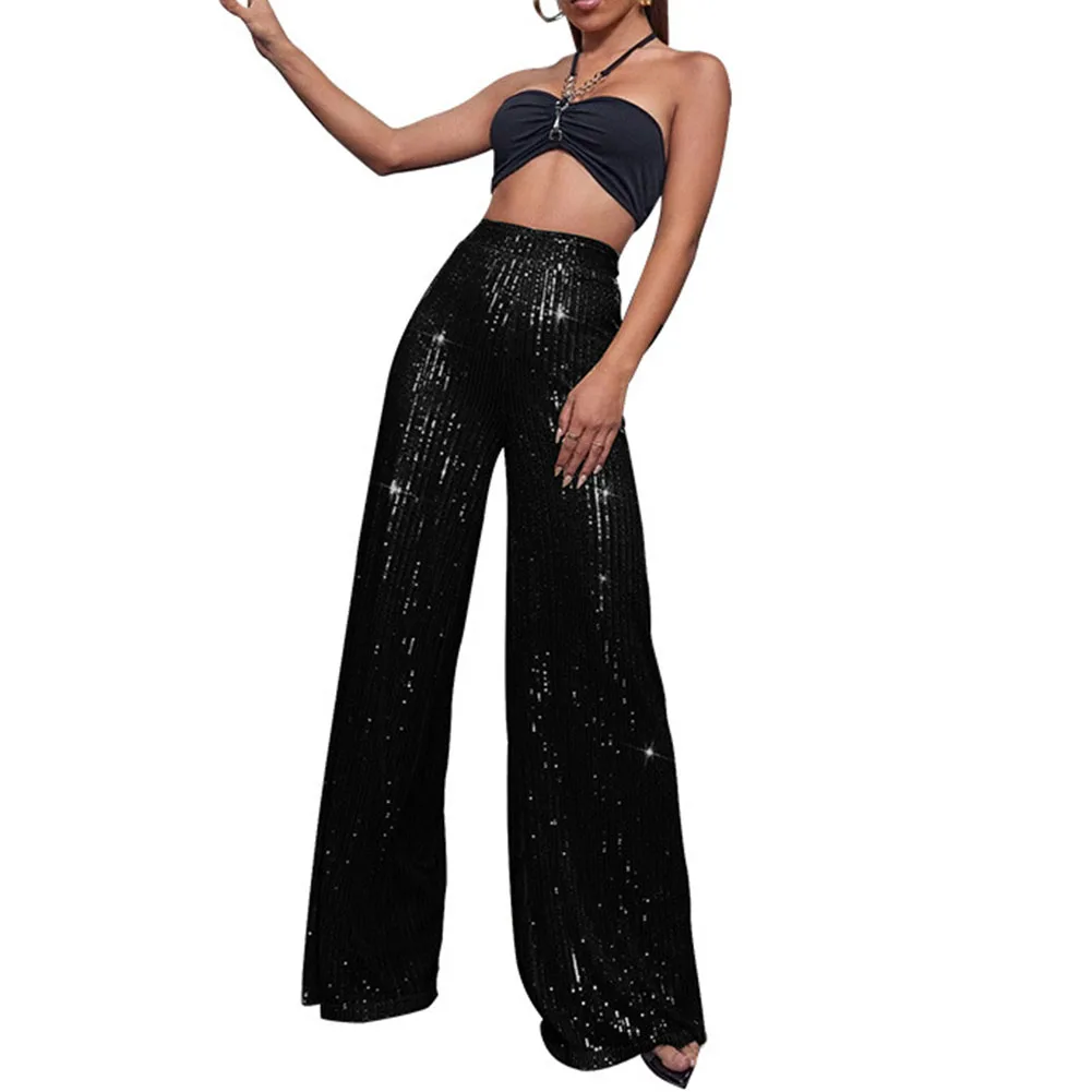 Women Wide Leg Pants Long Solid Bright Beaded Casual Trousers Loose Club Wear