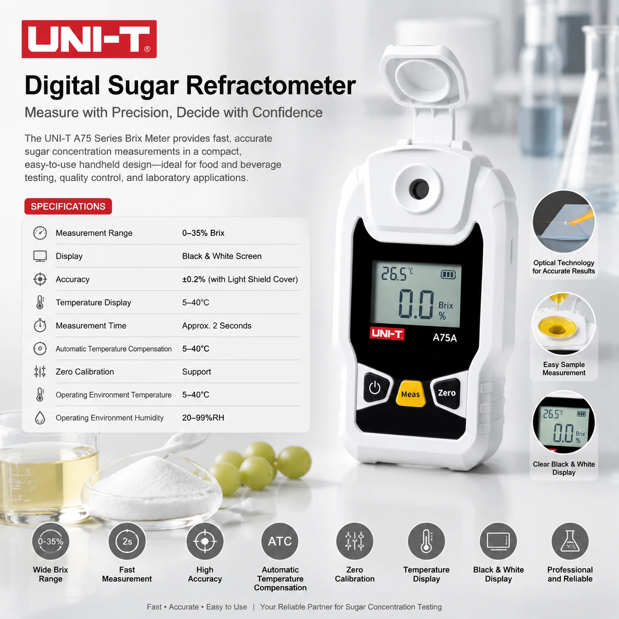 UNI-T Digital Brix Refractometer 0-35% – Sugar Meter with Temperature Compensation, Zero Calibration for Food & Home Brewing
