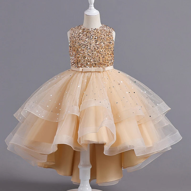 Teenager Sequins Girls Princess Dress Summer Sleeveless Fashion Wedding Christmas Party Trailing Dress 3-14 Years Kids Clothes