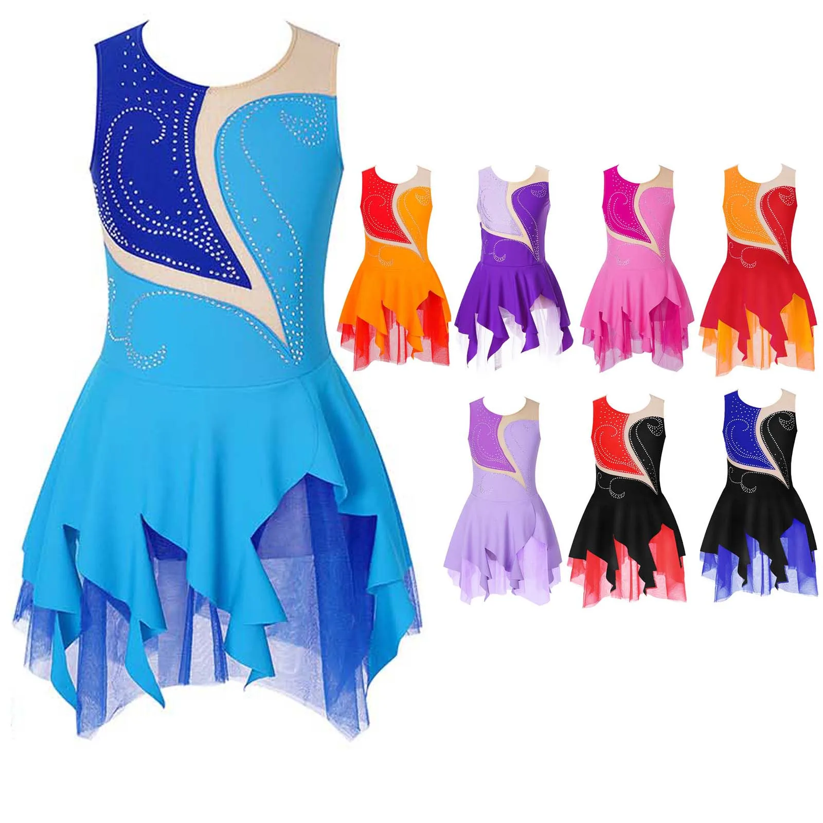 Kids Girls Rhinestone Figure Ice Skating Dress Children Sleeveless Ballet Dress Gymnastics Leotard for Dancing Competition