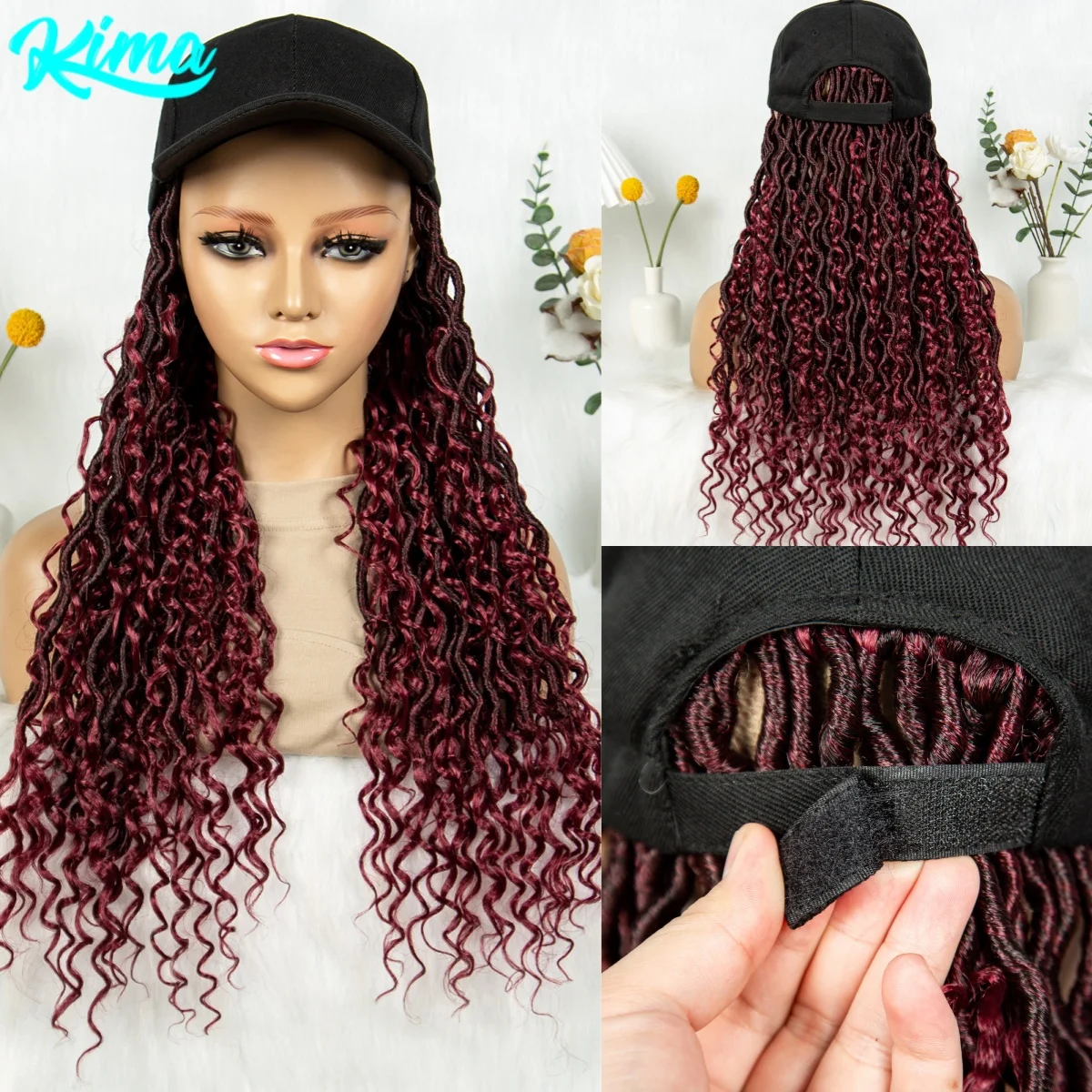 Kima Burgund synthetische geflochtene Perücken Baseball Cap Perücke mit Boho Locs Perücken 20 Zoll verstellbare Afro schwarze Frauen Hut Perücke für Mädchen