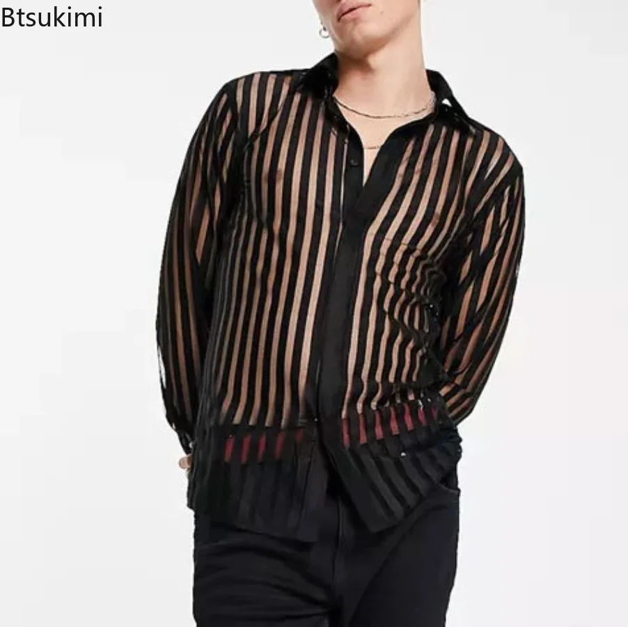 Men's Fashion Long Sleeve Shirts Nightclub Perspective Wear Sexy Breathable Bottom Loose Turn-down Collar Shirt Male Tops Tees