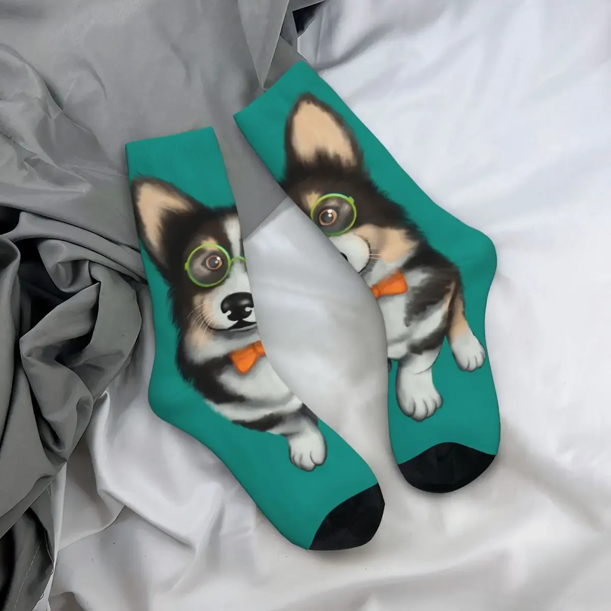 Funny Crazy Sock for Men Dashing Gentleman Corgi Dog Hip Hop Harajuku Happy Seamless Pattern Printed Boys Crew Sock Casual Gift