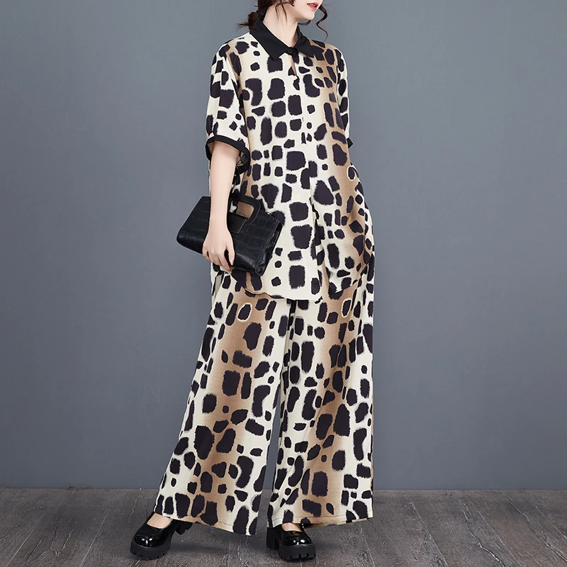 #2729 Summer Polo Neck Leopard Two Piece Set Top And Pants Women Loose Short Sleeve Shirt Wide Leg Pants Set Thin Vintage Sexy