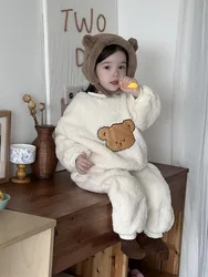 2024 Winter New Baby Thick Plush Clothes Set Girls Cartoon Bear Tops + Pants 2pcs Suit Infant Plus Velvet Warm Home Wear Outfits